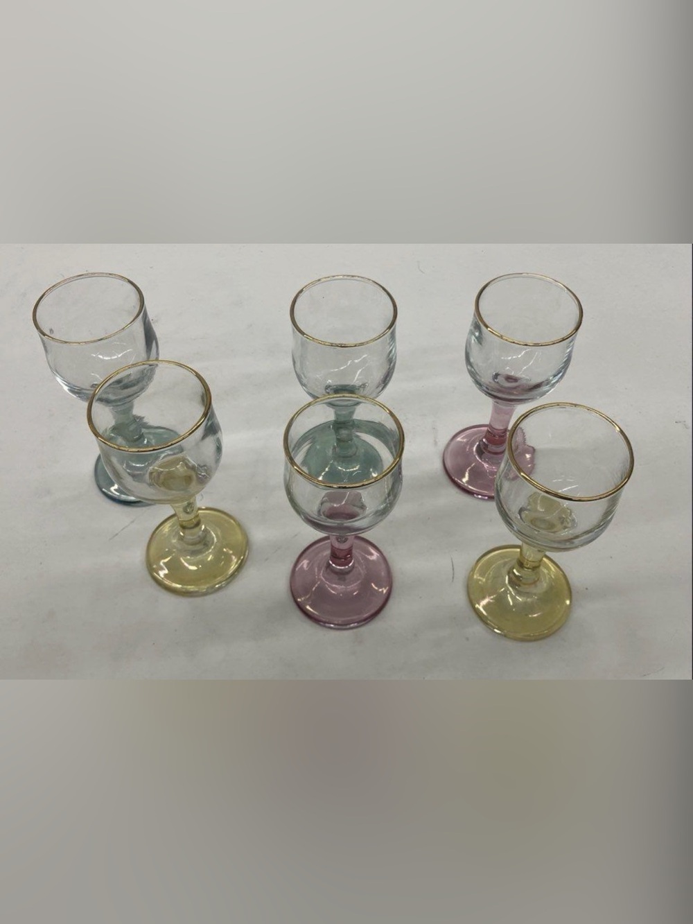 Set of Six Italian Colored Stem Gold Tone Rim Cordial Glasses